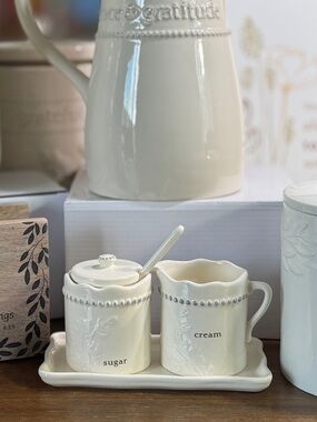 Cream Ceramic Sugar and Creamer Set with Tray